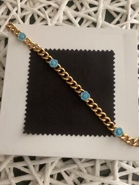 Gold Chain Bracelet with Blue Flower Accents